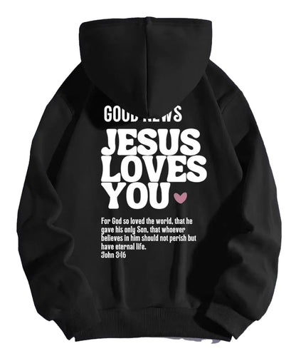 Black Jesus loves you hoodie with bold text and Bible verse on the back for a stylish message of faith