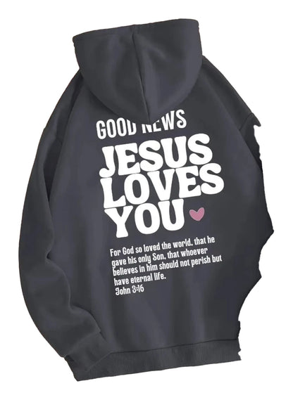 Jesus loves you hoodie in black with bold white text and scripture verse for inspired wear