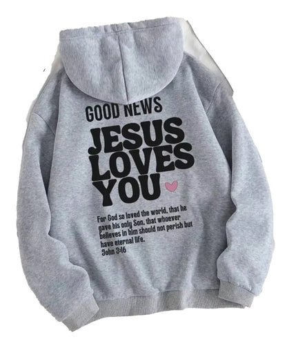 Gray Jesus loves you hoodie with motivational message and soft fabric for comfort and style