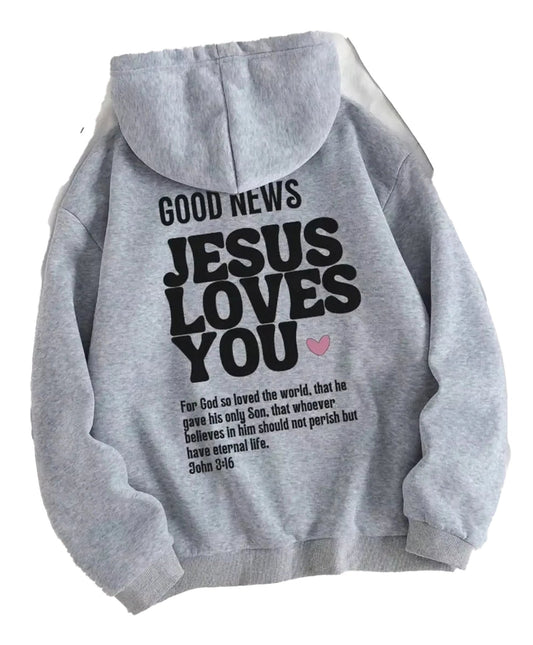 Gray Jesus loves you hoodie with motivational message and soft fabric for comfort and style