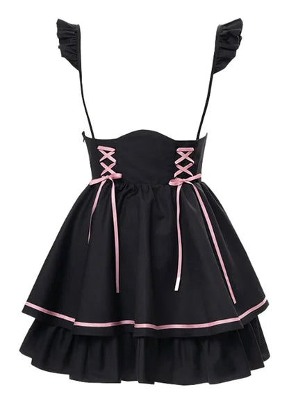 LuckeLadybug LLC Jirai Kei kawaii pinafore dress in black with ruffled straps and pink accents