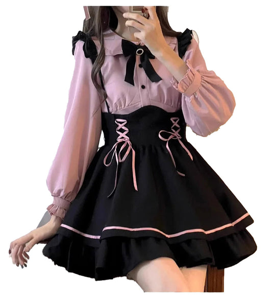 Jirai Kei kawaii pinafore dress in pink and black with bows and puff sleeves for a cute look