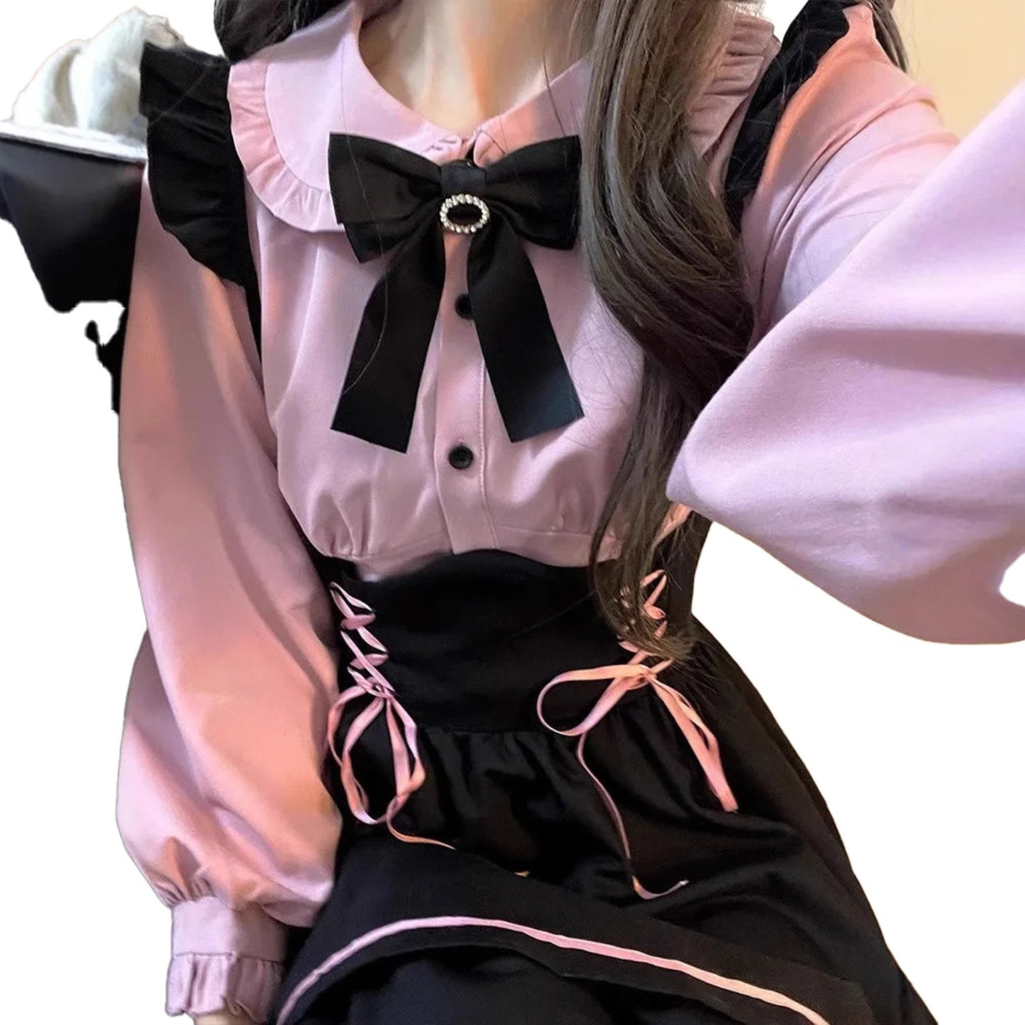 Jirai Kei kawaii pinafore dress with a pink blouse and bow tie detail for a cute fashion style