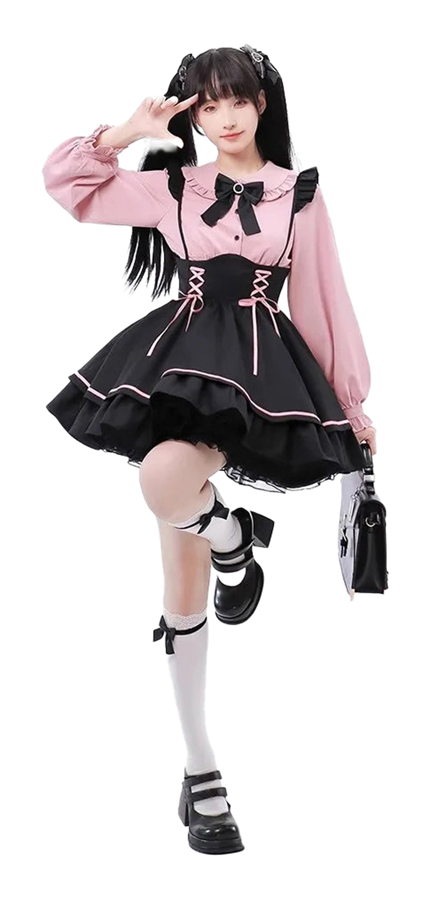 Jirai Kei kawaii pinafore dress featuring a pink top and black ruffled skirt with cute accessories