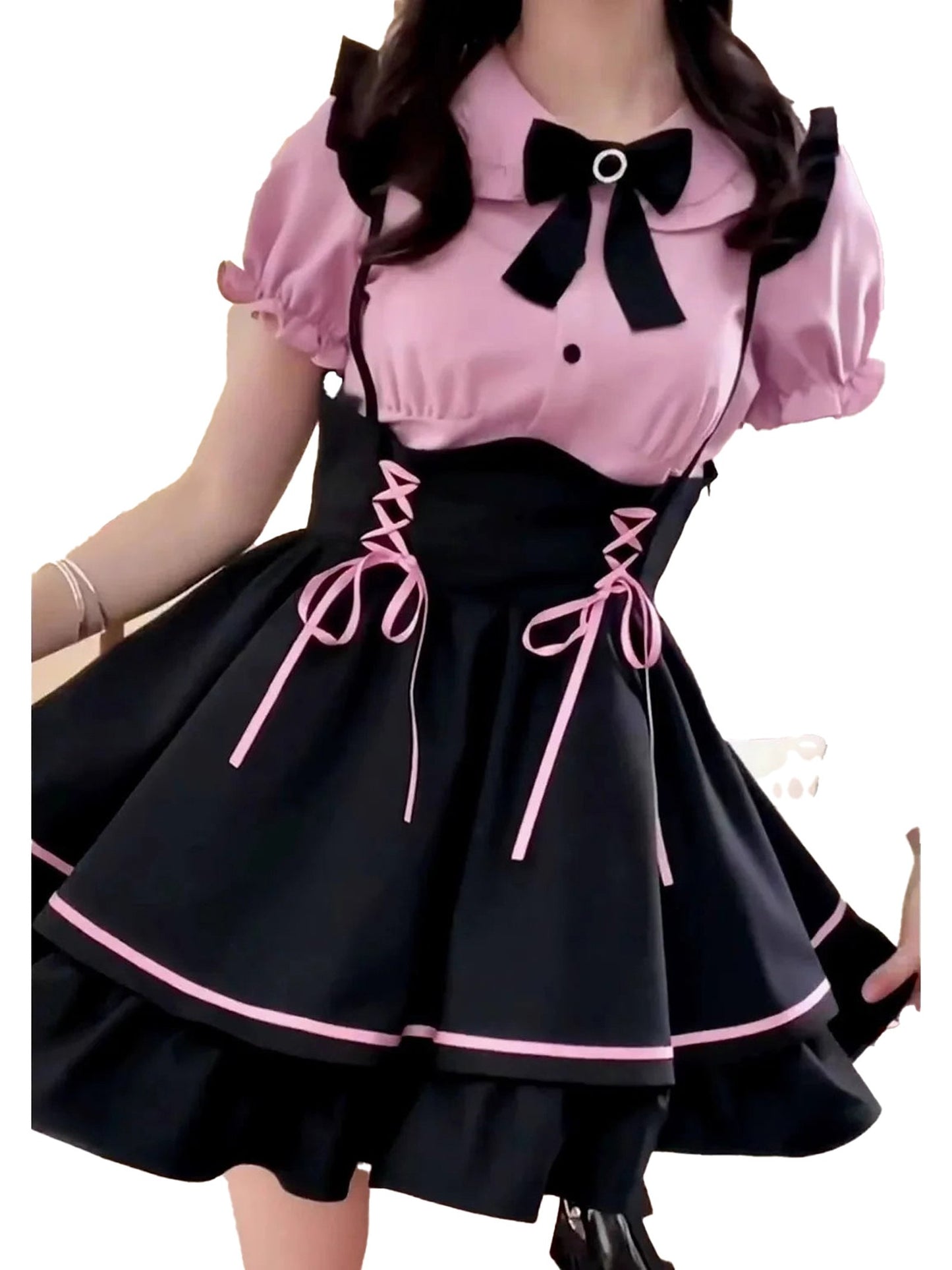 Jirai Kei kawaii pinafore dress in black and pink with bows and lace-up details for trendy fashion lovers
