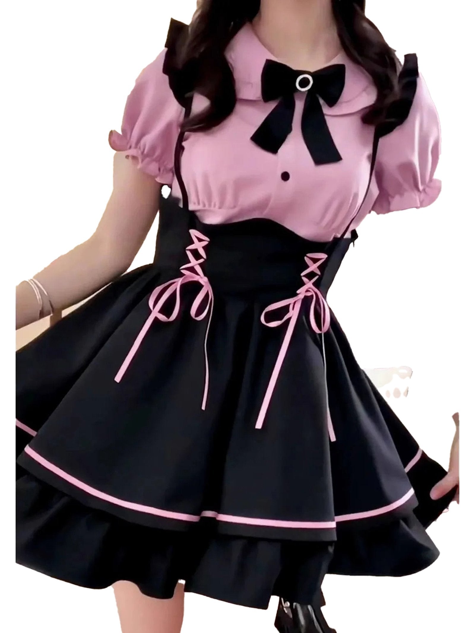 Jirai Kei kawaii pinafore dress in black and pink with bows and lace-up details for trendy fashion lovers