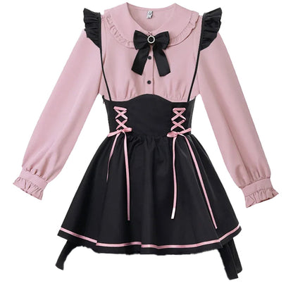 LuckeLadybug LLC Jirai Kei kawaii pinafore dress with ruffled sleeves and bow detail