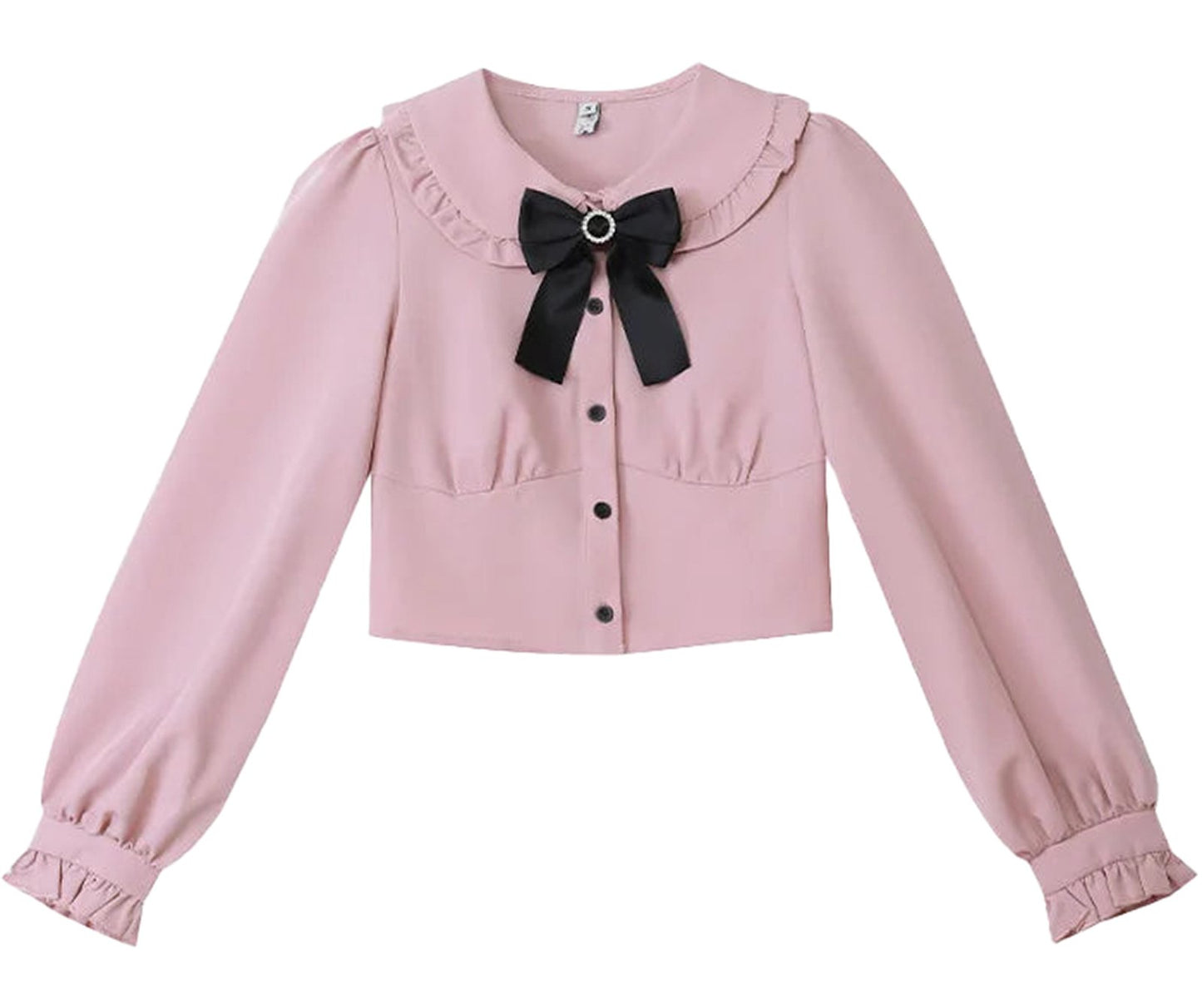 LuckeLadybug LLC Jirai Kei kawaii pinafore dress in soft pink with black bow and ruffled collar