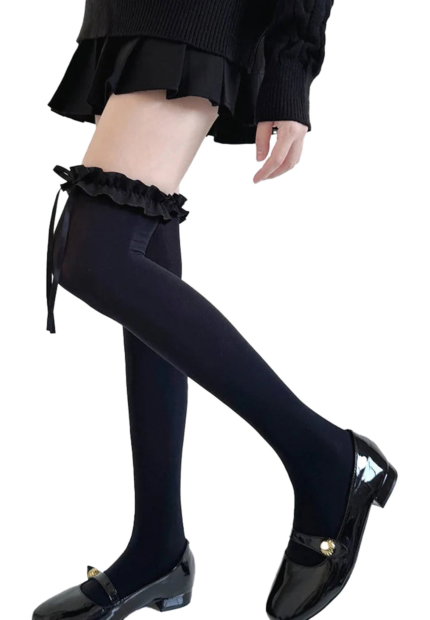 JK Lolita thigh high stockings in black with ruffled top and bow detail for a stylish look