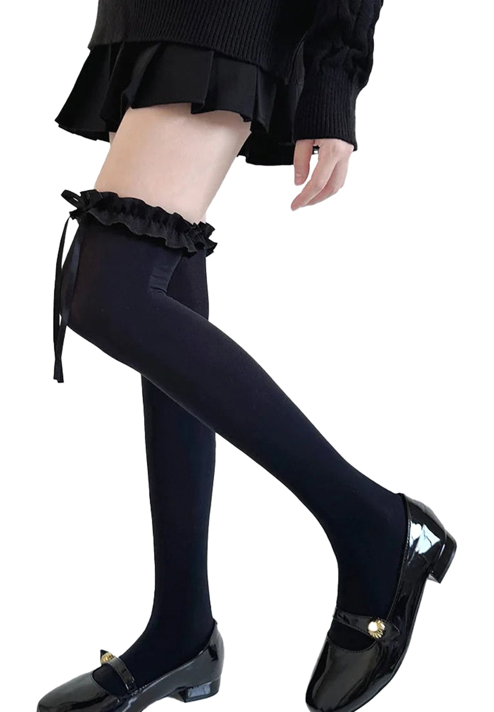 JK Lolita thigh high stockings in black with ruffled top and bow detail for a stylish look