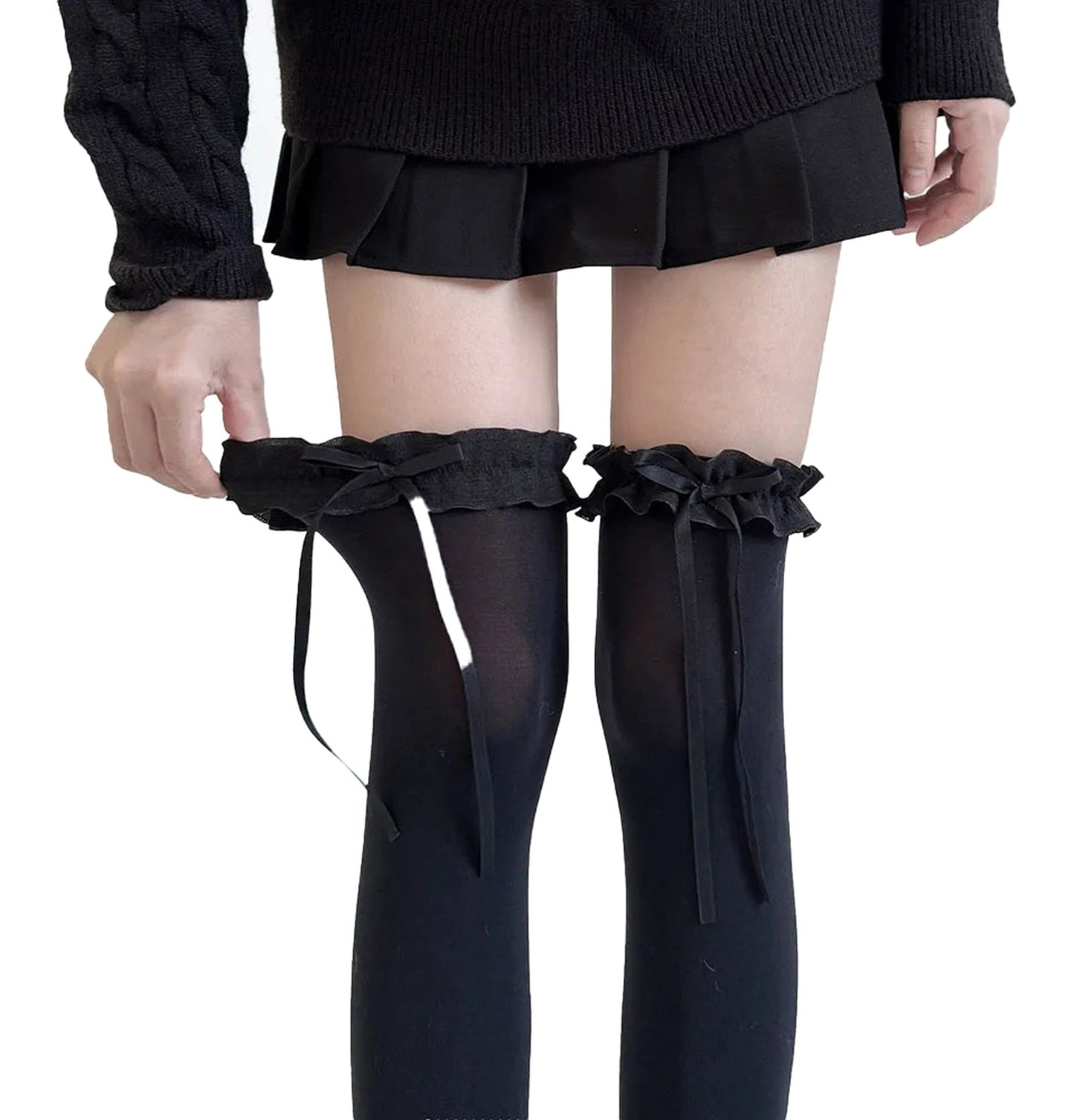 JK Lolita thigh high stockings in black with ruffled tops and ribbon ties for stylish outfits