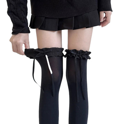 JK Lolita thigh high stockings in black with ruffled tops and ribbon ties for stylish outfits