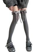 JK Lolita thigh high stockings in gray with ruffled tops and satin ribbons for a stylish look