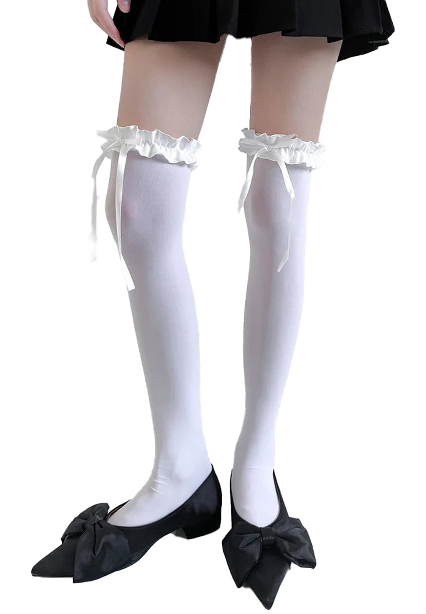 White JK Lolita thigh high stockings with ruffled tops and ribbon ties, perfect for a cute outfit