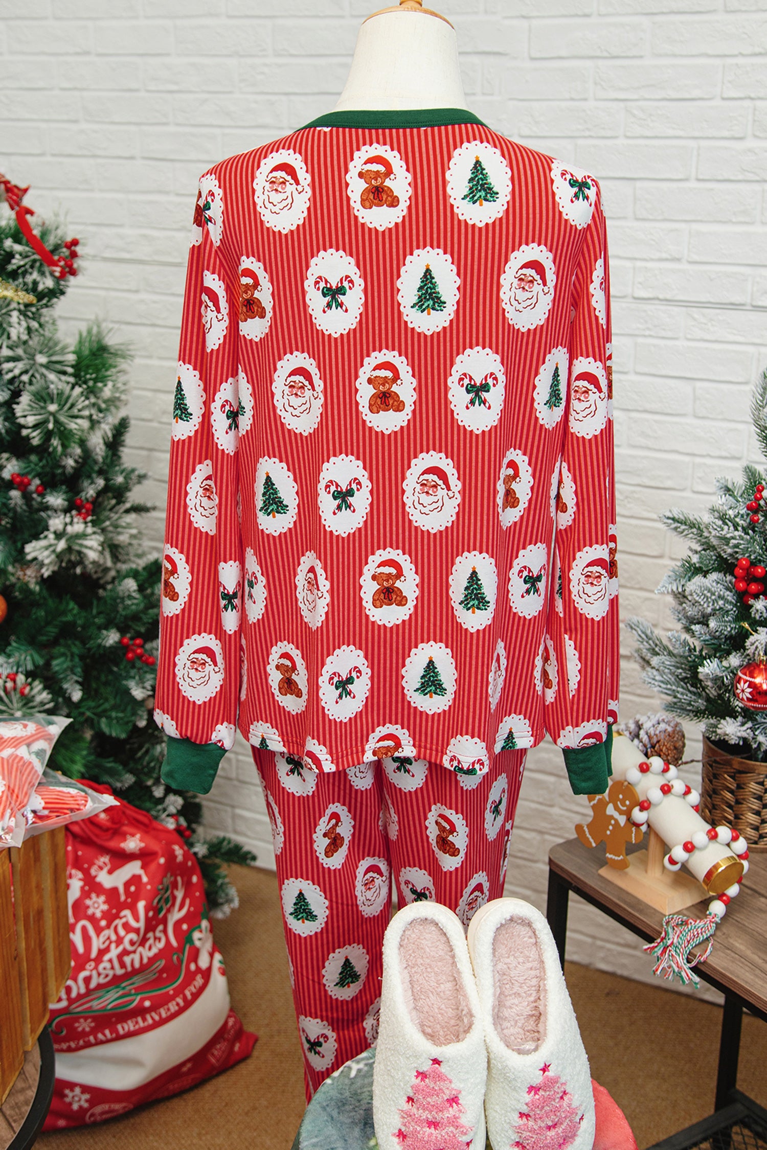 Festive red jogger pants baggy design with Santa and Christmas tree patterns for holiday comfort