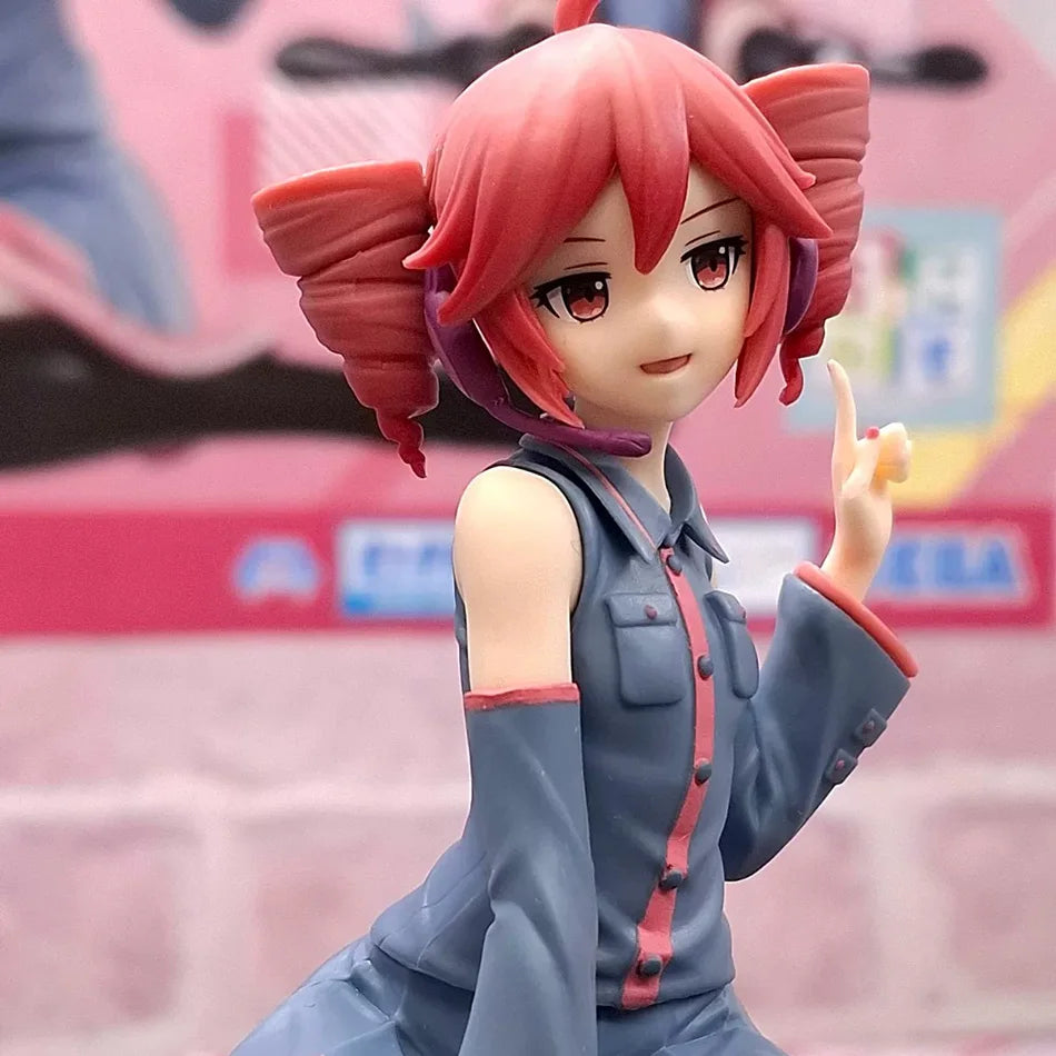 Kasane Teto figurine in gray outfit with pigtails and playful pose by LuckeLadybug LLC