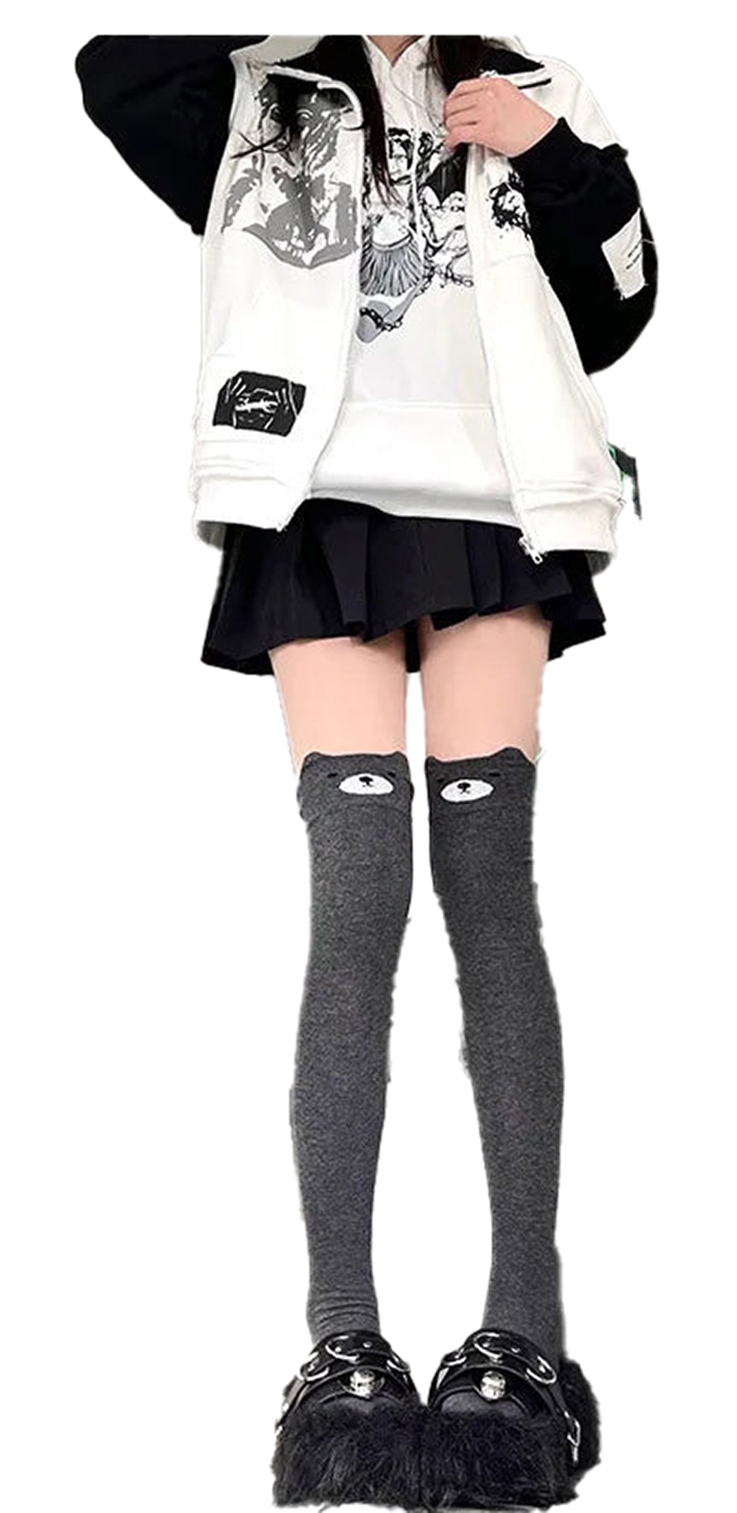 Kawaii cat over the knee socks in gray, perfect for fashionable and playful outfits