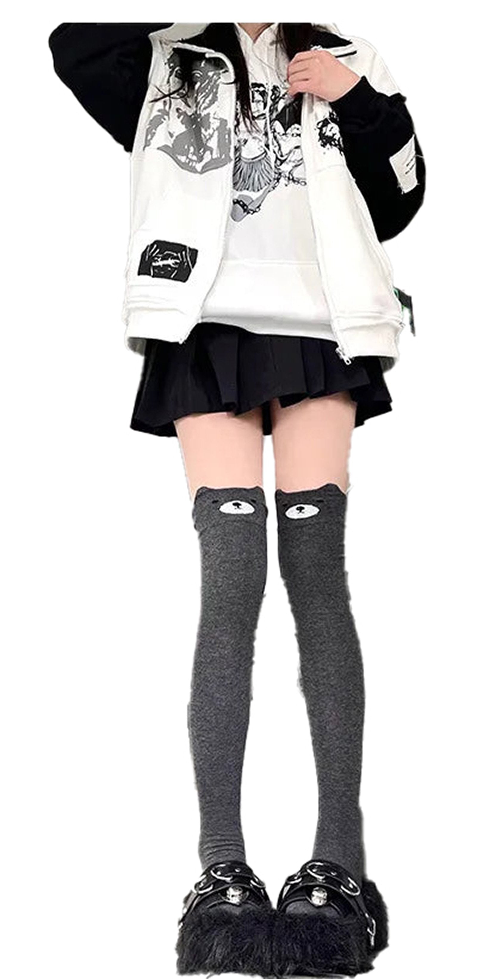 Kawaii cat over the knee socks in gray, perfect for fashionable and playful outfits