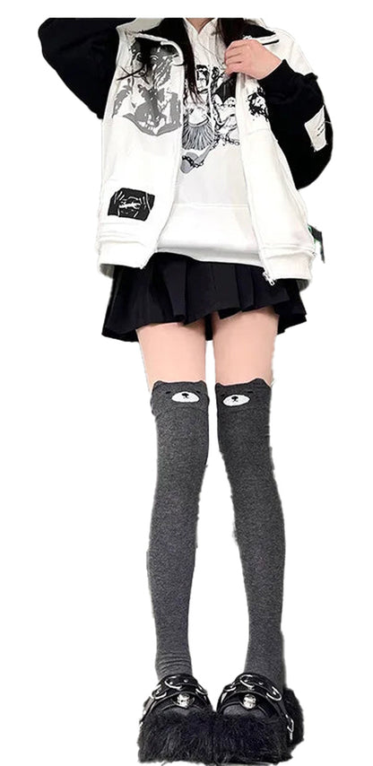 Kawaii cat over the knee socks in gray, perfect for fashionable and playful outfits