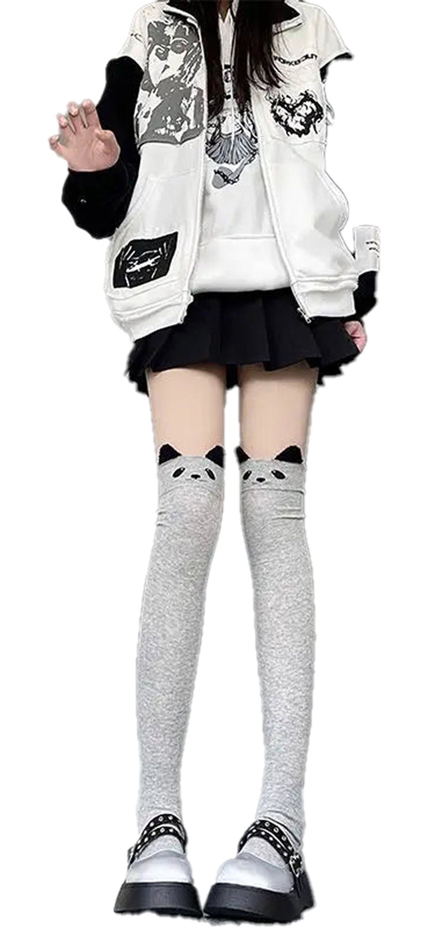 Kawaii cat over the knee socks in gray with cute cat face design for stylish outfits