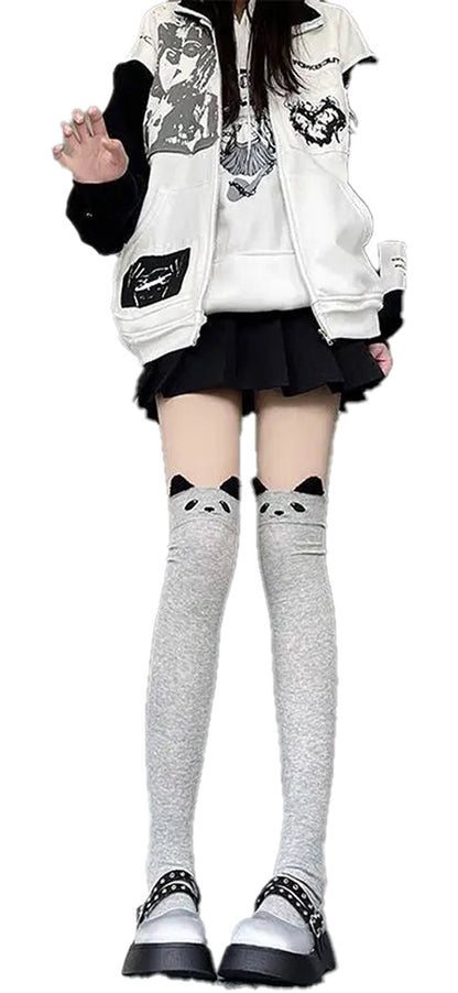 Kawaii cat over the knee socks in gray with cute cat face design for stylish outfits