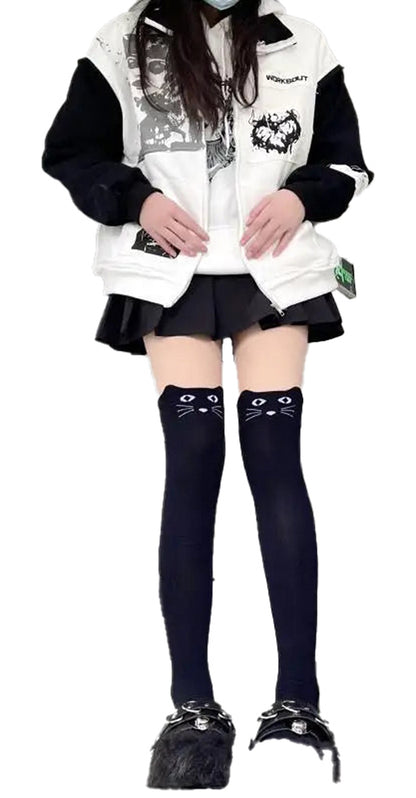 Kawaii cat over the knee socks in black with playful cat face design for stylish looks