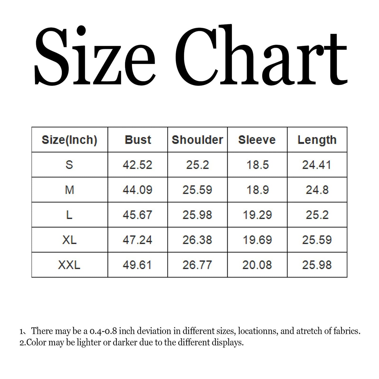 Size chart for kawaii dinosaur hoodie for women with various measurements in inches