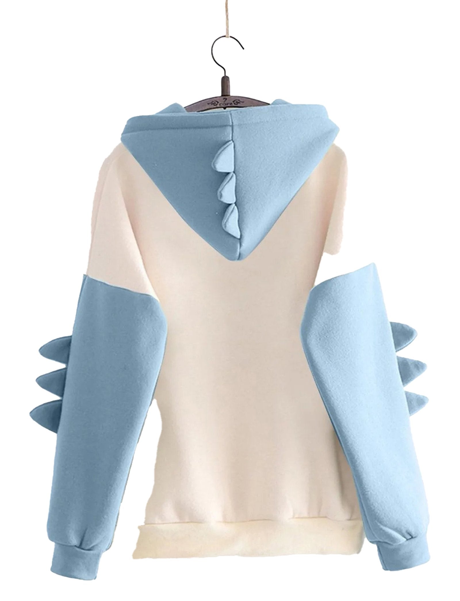 Back view of kawaii dinosaur hoodie for women in cream and blue with playful spikes on sleeves