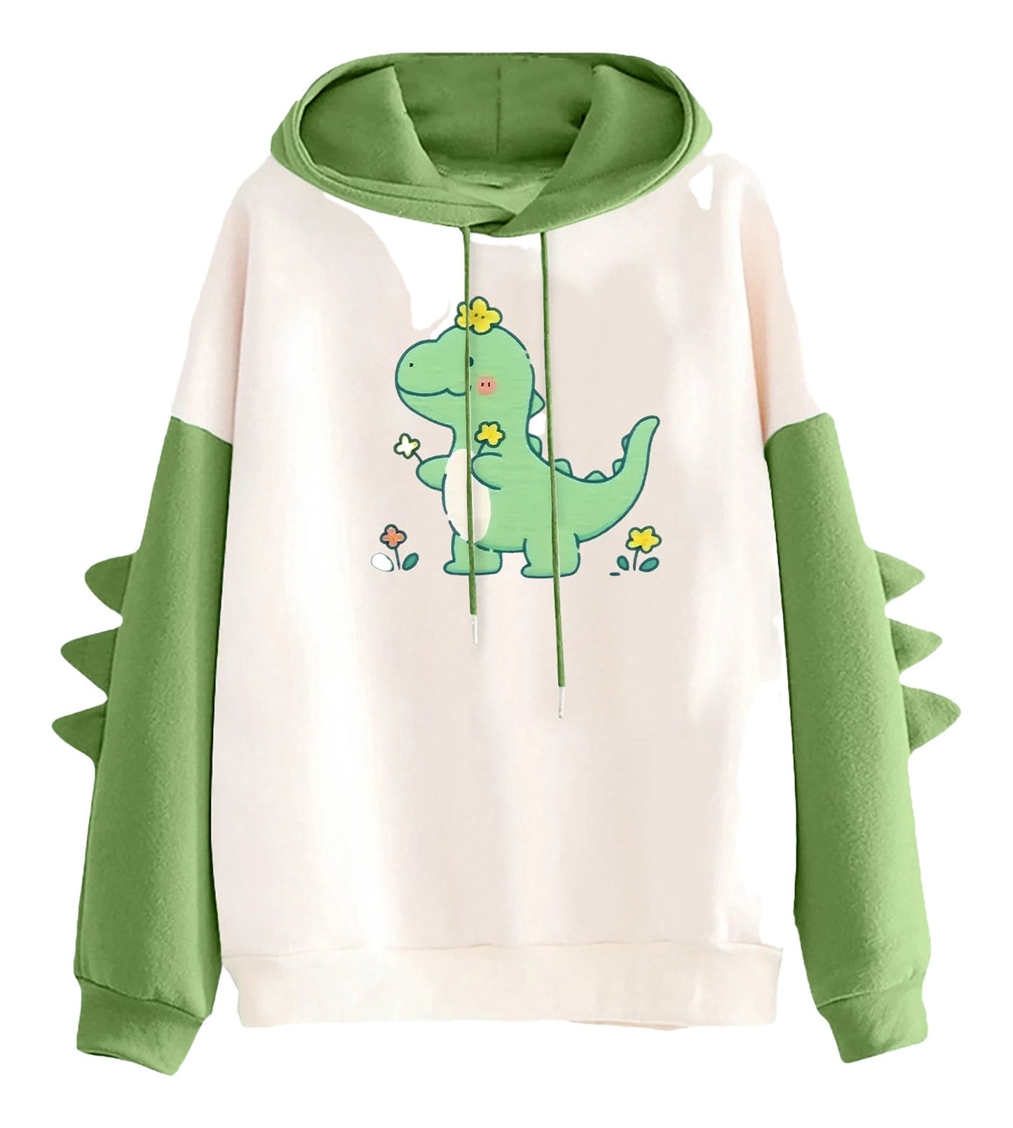 Kawaii dinosaur hoodie for women with green sleeves and cute dinosaur graphic on the front