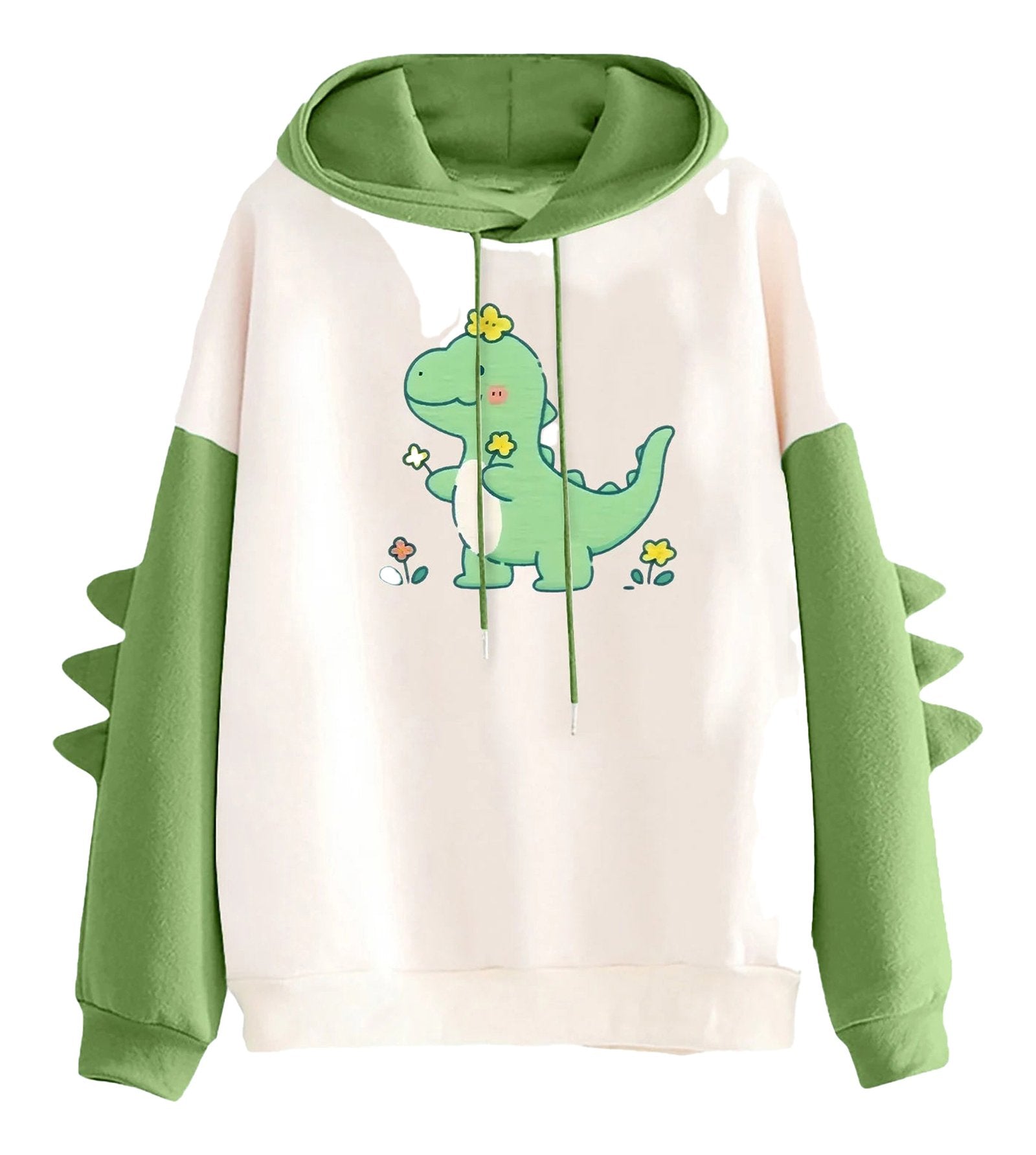 Kawaii dinosaur hoodie for women with green sleeves and cute dinosaur graphic on the front