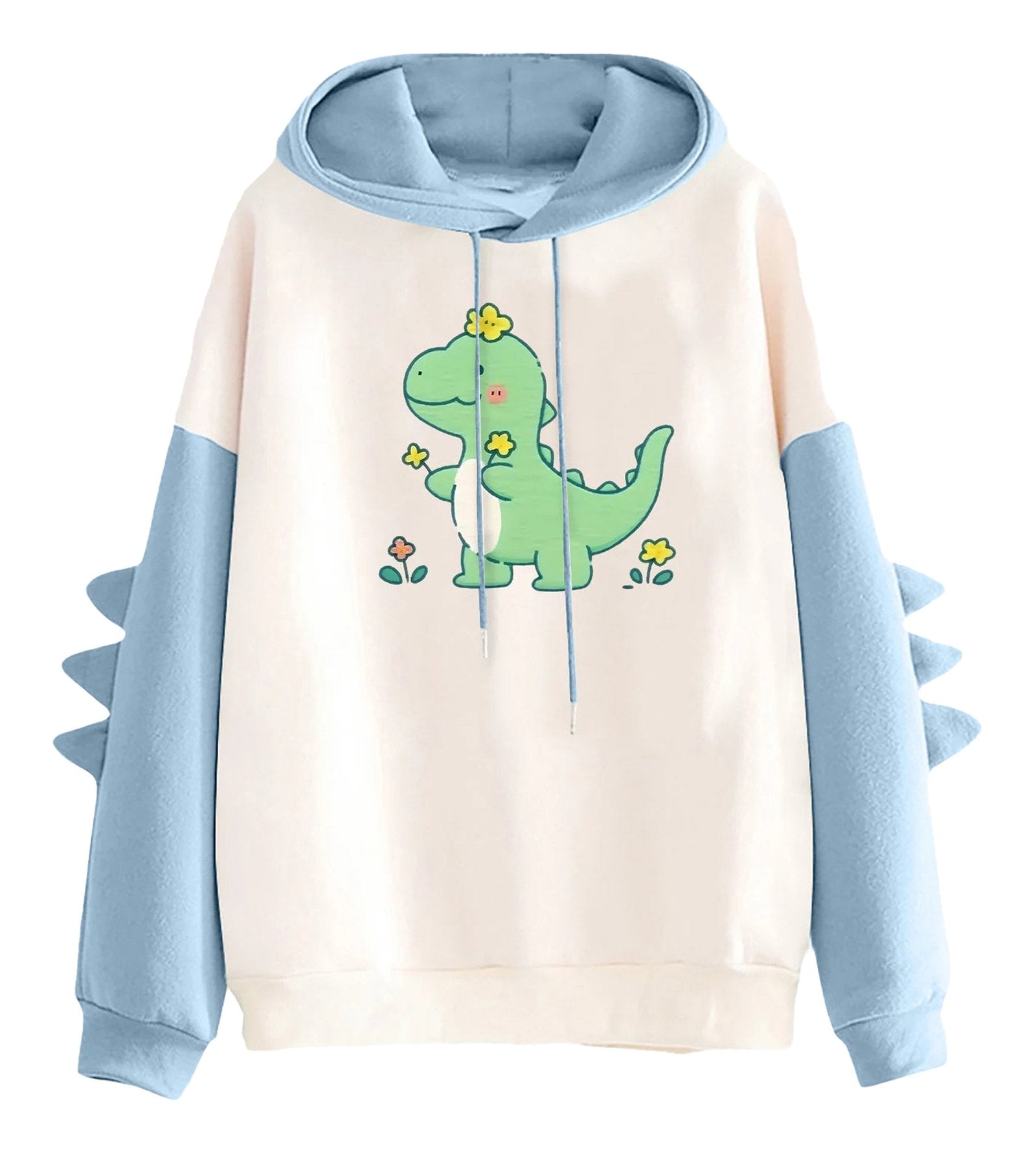 Cute kawaii dinosaur hoodie for women with blue sleeves and flower design