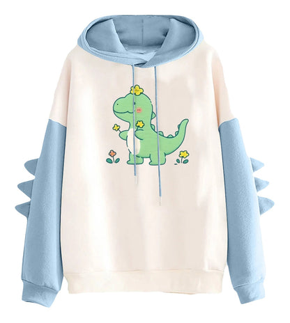 Cute kawaii dinosaur hoodie for women with blue sleeves and flower design