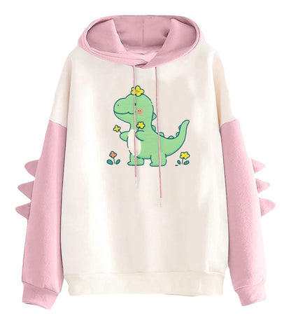Kawaii dinosaur hoodie for women featuring a cute dinosaur graphic and pink spike details