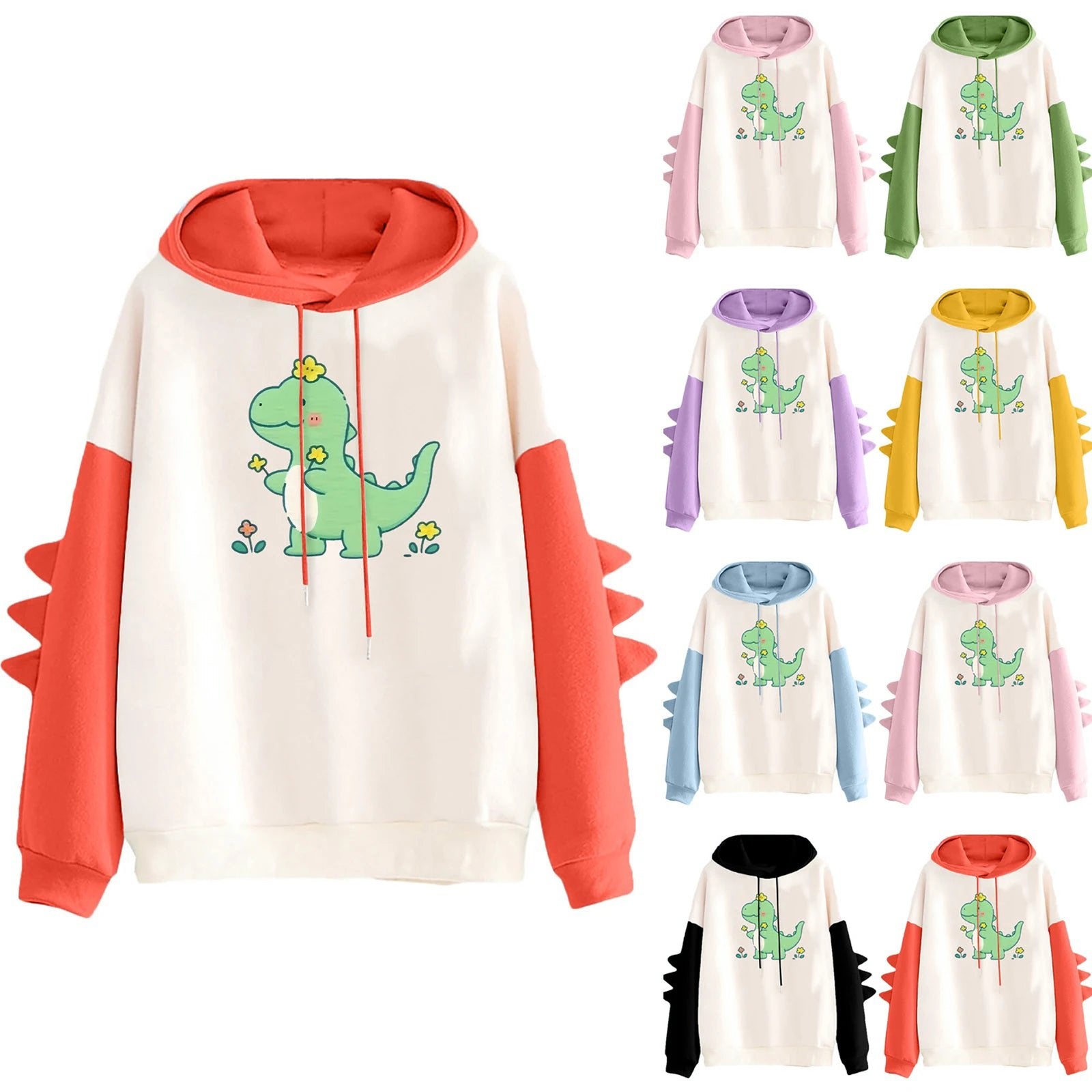 LuckeLadybug kawaii dinosaur hoodie for women with colorful sleeves and cute dinosaur design