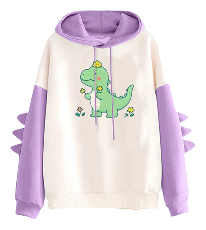 Kawaii dinosaur hoodie for women featuring a green dinosaur graphic and purple sleeves