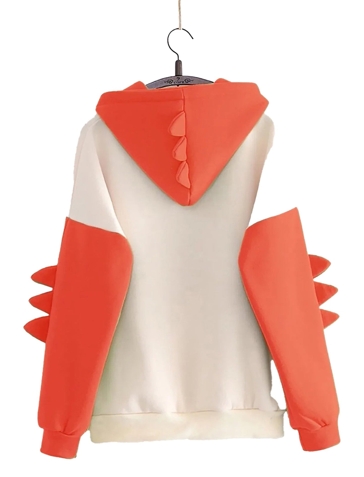 Back view of kawaii dinosaur hoodie for women with colorful spikes and a playful design