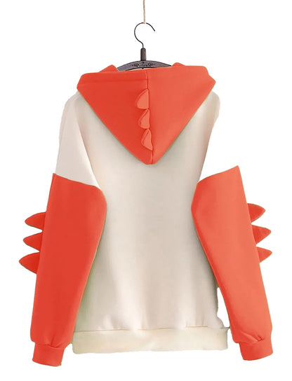 Back view of kawaii dinosaur hoodie for women with colorful spikes and a playful design