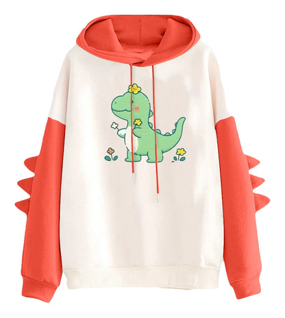 Kawaii dinosaur hoodie for women with colorful flower design and playful spike details on sleeves