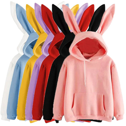 Collection of kawaii rabbit ear hoodies for women in various colors including pink, black, and yellow