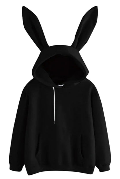 LuckeLadybug kawaii rabbit ear hoodie for women in black with oversized ears