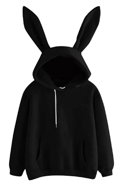 LuckeLadybug women's kawaii rabbit ear hoodie in black, featuring oversized ears and a cozy fit