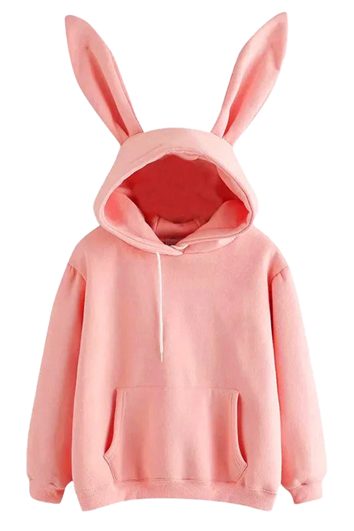 Soft Pink Kawaii Rabbit Ear Hoodie for Women with Large Ears and Front Pocket