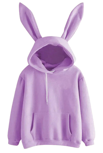 Kawaii rabbit ear hoodie for women in soft lavender color with a spacious front pocket