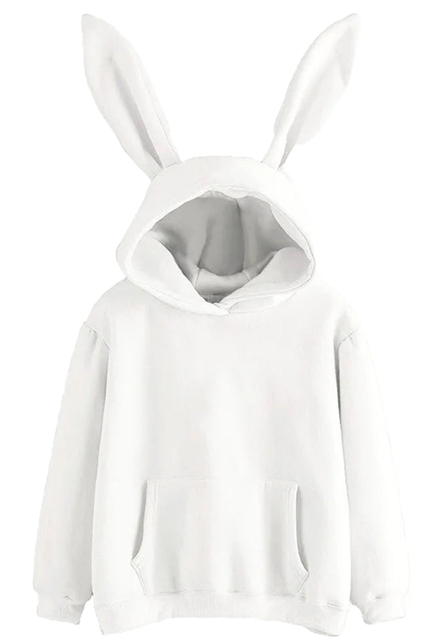 Kawaii rabbit ear hoodie for women in white with large bunny ears and front pocket