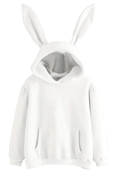 Kawaii rabbit ear hoodie for women in white with large bunny ears and front pocket