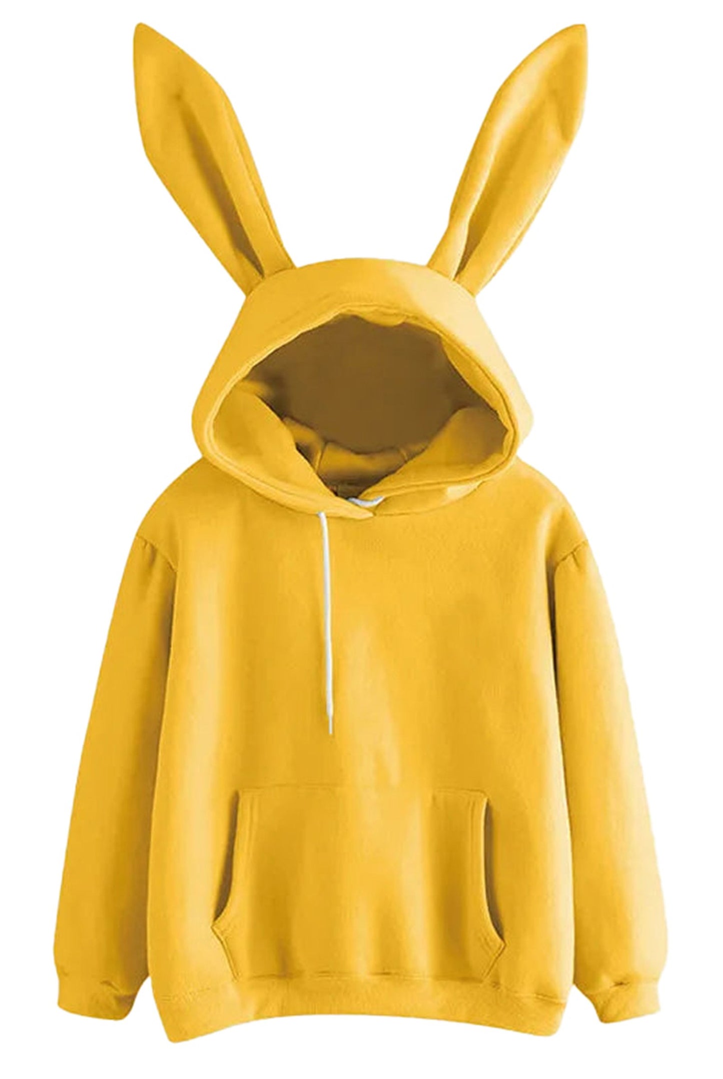 Kawaii rabbit ear hoodie for women in yellow with oversized hood and kangaroo pocket