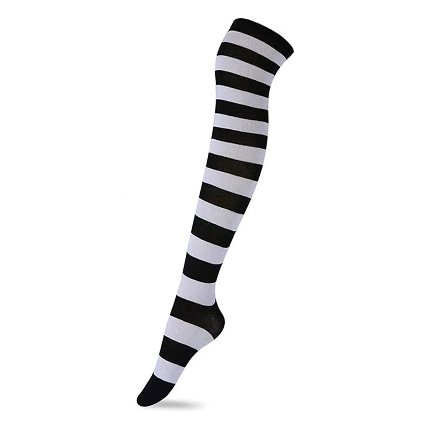 Kawaii striped knee high socks in black and white stripes for a playful and stylish look