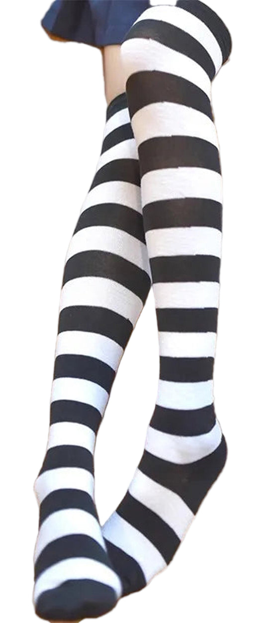 Kawaii striped knee high socks in black and white stripes perfect for playful outfits