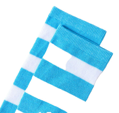 LuckeLadybug LLC kawaii striped knee high socks in blue and white colors for a trendy look