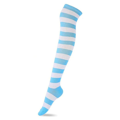 Kawaii striped knee high socks in blue and white stripes for a fun and playful look